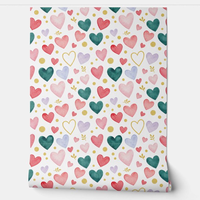Papier Peint Cœurs Evergreen & Rose Blush (Déroulement)