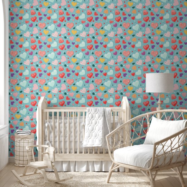 Papier Peint Coeurs mignons Motif coloré (Enfants)