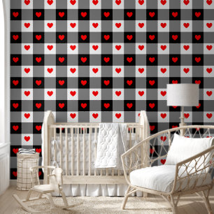 Papier Peint Coeurs rouges mignon noir blanc À damiers pépinièr
