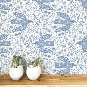 Papier Peint Colombes et fleurs Art d'oiseau bleu et blanc