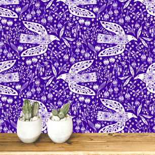 Papier Peint Colombes et fleurs blanches sur fond violet Art d'
