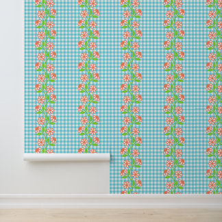 Papier Peint Colonne florale Aqua & Lime de corail sur Gingham
