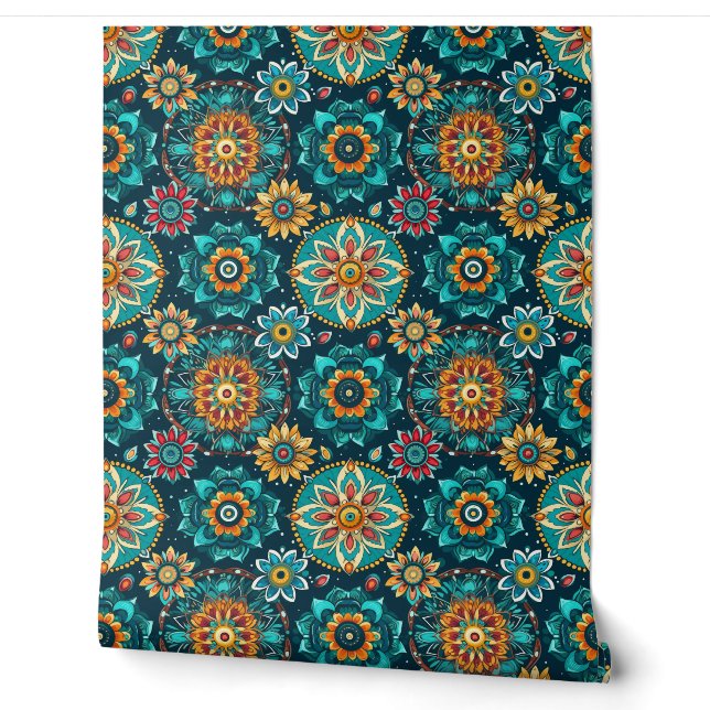 Papier Peint Coloré turquoise moderne Boho Aquarelle (Déroulement)