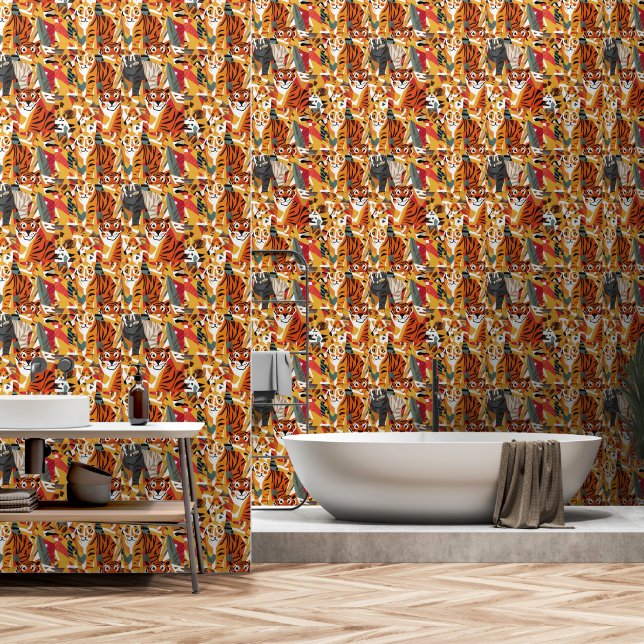 Papier Peint Cool Funny Tiger Jungle Chats Art Abstrait (Salle de bain)