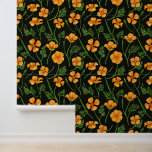Papier Peint Coquelicots de Californie, fleurs d'été sur noir<br><div class="desc">Photos peintes à la main en orange et vert</div>