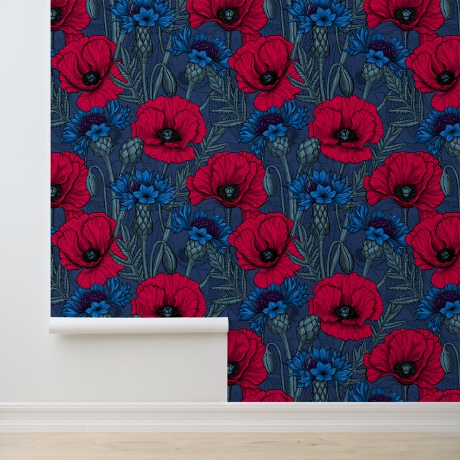 Papier Peint Coquelicots rouges et fleurs bleues sur bleu (Application)
