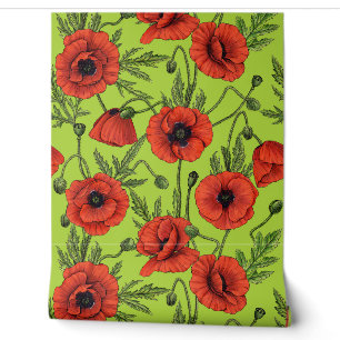 Papier Peint Coquelicots, rouges et verts sur fond vert citron