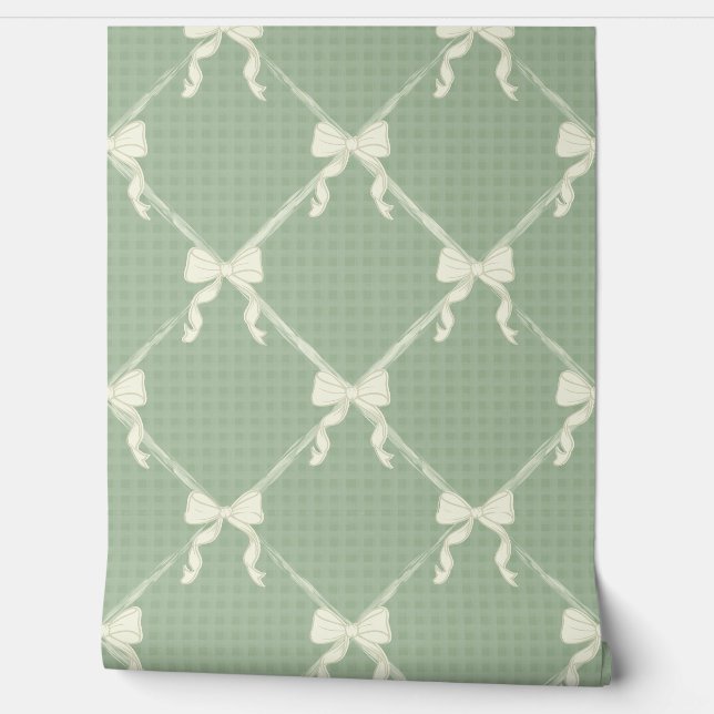 Papier Peint Coquette Bows Gingham Pattern Cream Sage Green  (Déroulement)