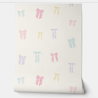 Papier Peint Coquette rayée Bows menthe jaune rose crème lilas