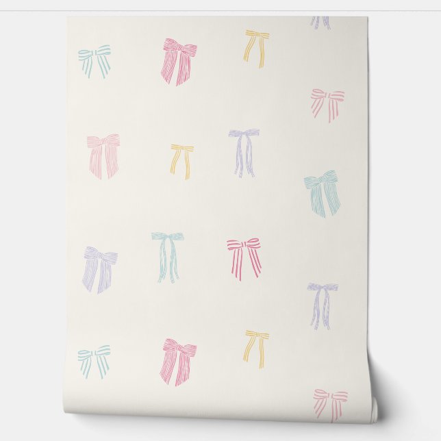 Papier Peint Coquette rayée Bows menthe jaune rose crème lilas (Déroulement)