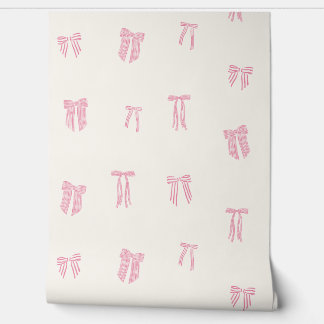 Papier Peint Coquette rayée Bows rose sur crème