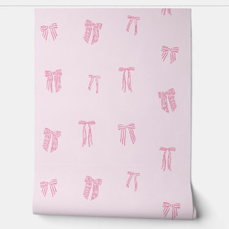 Papier Peint Coquette rayée Bows rose sur rose clair