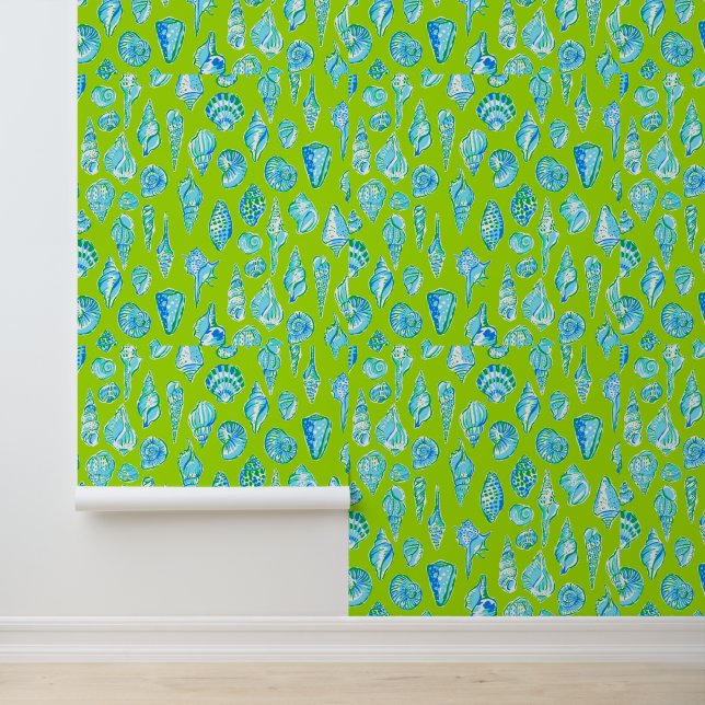 Papier Peint Coquillages de mer sur fond vert citron / Style pr (Application)