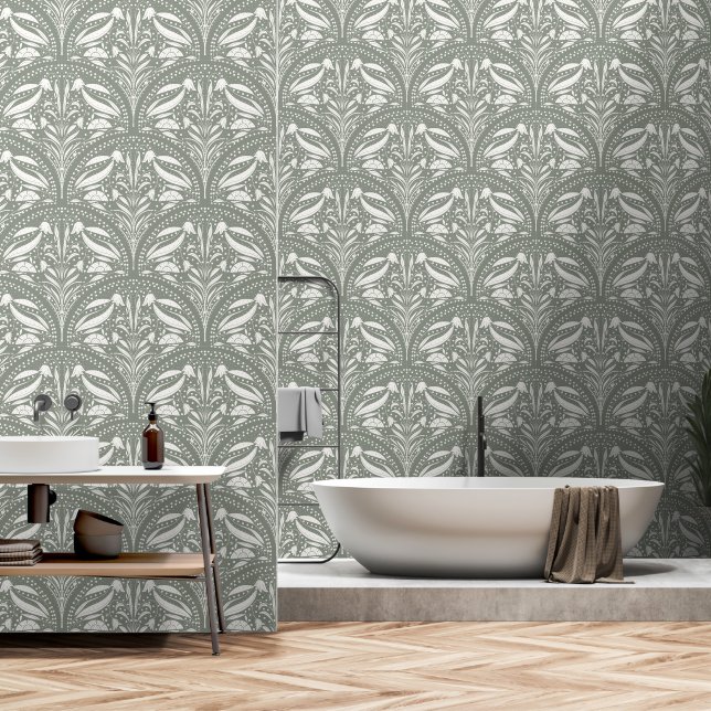 Papier Peint Coquille Art Déco Boho Vert Sage Moderne (Salle de bain)
