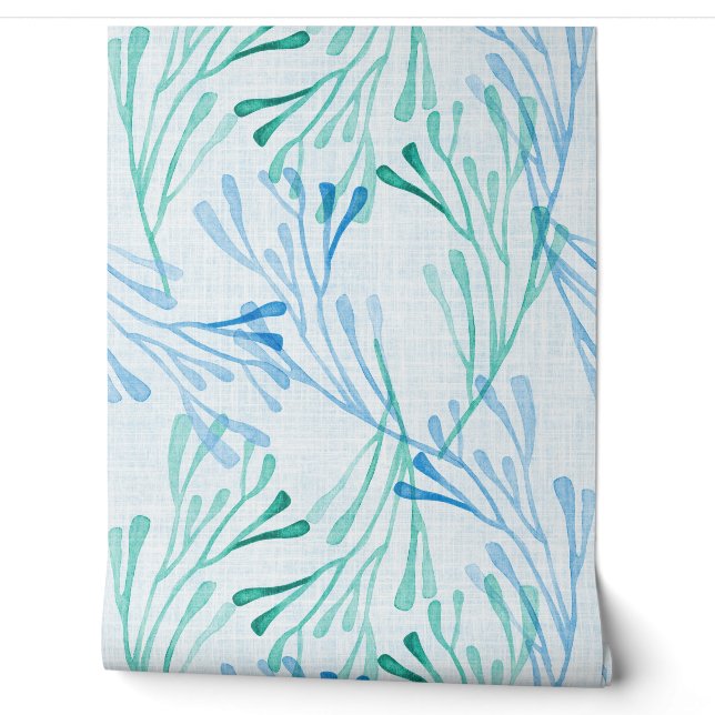 Papier Peint Corail côtier et algues en bleu et vert (Déroulement)
