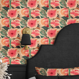 Papier Peint Corail Vintage et Floral sur Fond Beige