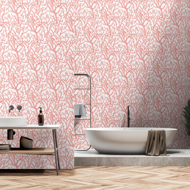 Papier Peint Coral Branches Plage côtière rose (Salle de bain)