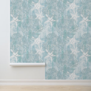 Papier Peint Coraux à l'aquarelle et étoile de mer Bleu Poudreu