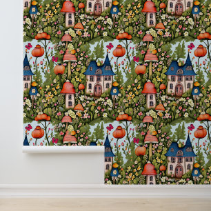 Papier Peint Cottage Core Champignons, Fleurs et Papillons