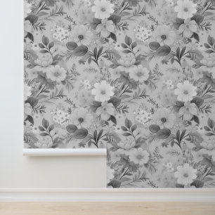 Papier Peint Cottage Core Floral Poppies Niveaux de gris