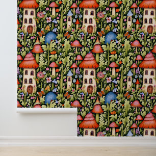 Papier Peint Cottage Core Villa Cute Champignons et fleurs