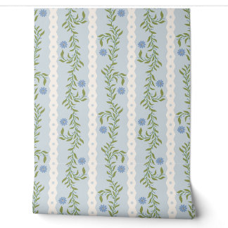 Papier Peint Cottagecore Bandes Florales Montantes sur Fond Ble