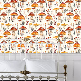 Papier Peint Cottagecore Bright Orange Musrooms