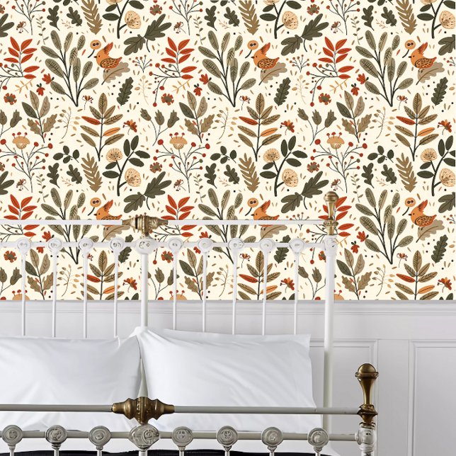 Papier Peint Cottagecore floral (Cottagecore Whimsical Floral Wallpaper behind a white metal bed frame. )