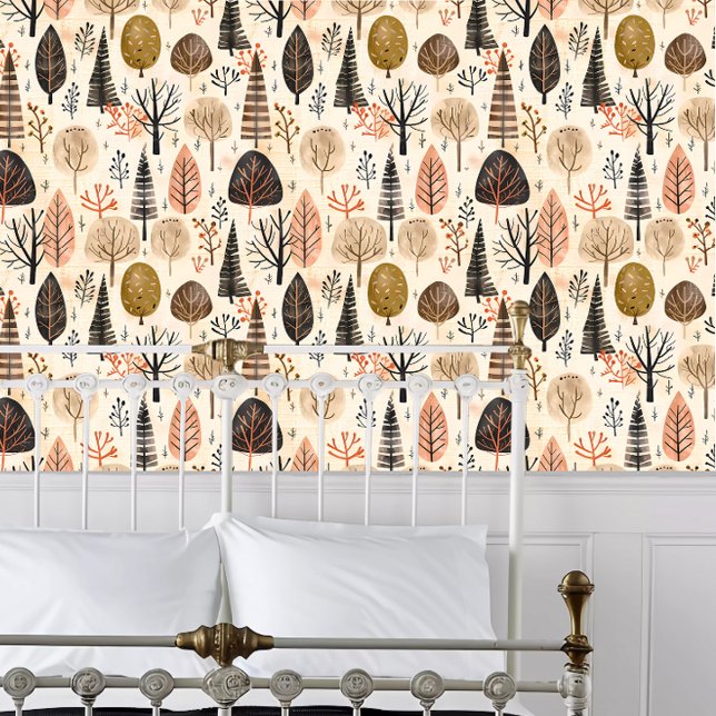 Papier Peint Cottagecore Funky Trees (Cottagecore Funky Trees Wallpaper behind a white metal framed bed.)