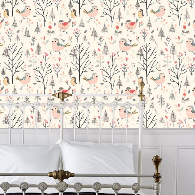 Papier Peint Cottagecore Oiseau rose (Cottagecore Pink Bird Wallpaper behind a white metal framed bed.)