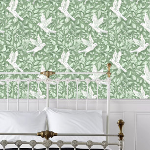 Papier Peint Cottagecore Oiseaux volants blancs sur vert
