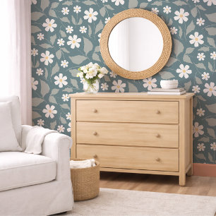 Papier Peint Cottagecore sarcelle, sauge et fleurs de marguerit