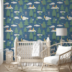 Papier peint couleur Bleu Woodland Animal Kids