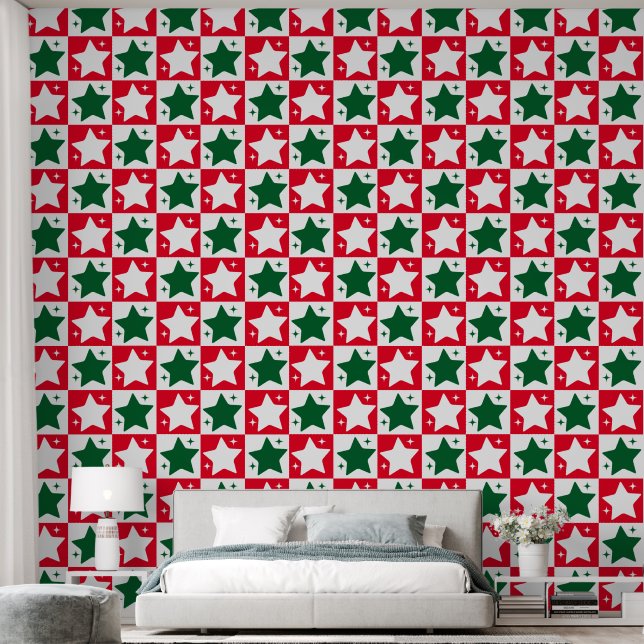 Papier Peint Coupe Rouge Vert Étoiles de Noël (Chambre à coucher)