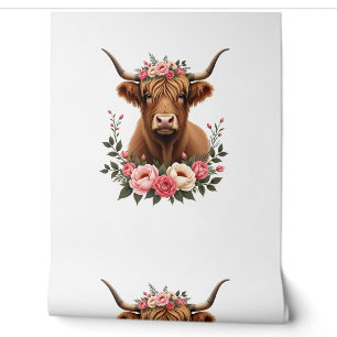 Papier Peint Couronne florale vintage Highland Cow Bohème Ferme