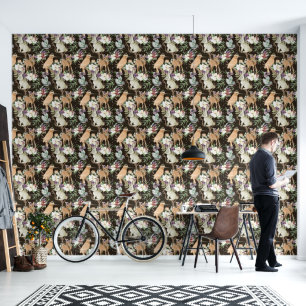 Papier Peint Couverture murale de cerfs de lapin d'oiseaux noir