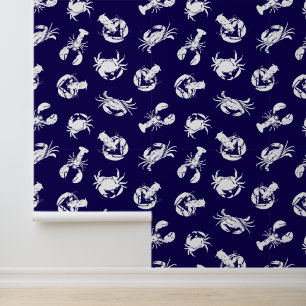 Papier Peint Crabe et homard Marine Bleu et blanc Fruits de mer