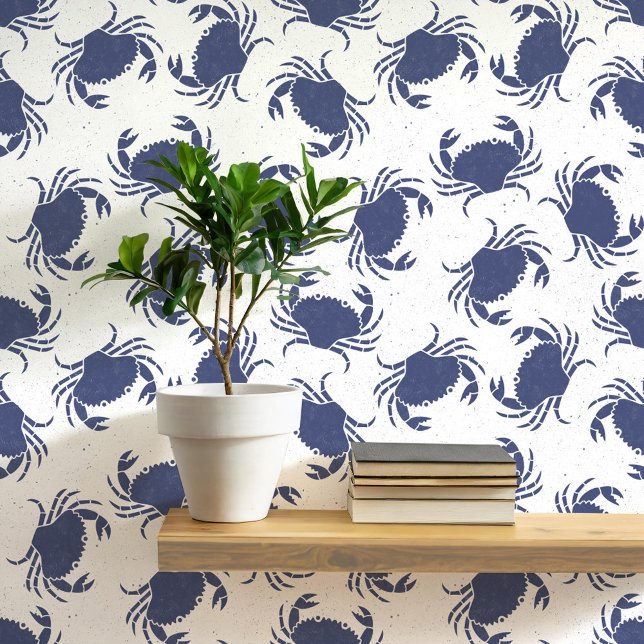 Papier Peint Crabe Motif côtier bleu et blanc (Crab navy blue and white coastal themed wallpaper)