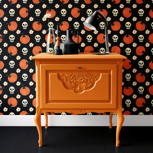 Papier Peint Crâne de citrouille noir et orange Fleurs Hallowee