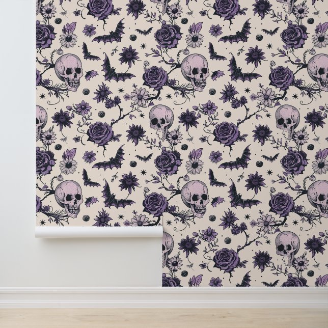 Papier Peint Crâne gothique Chauve à tête florale (Application)