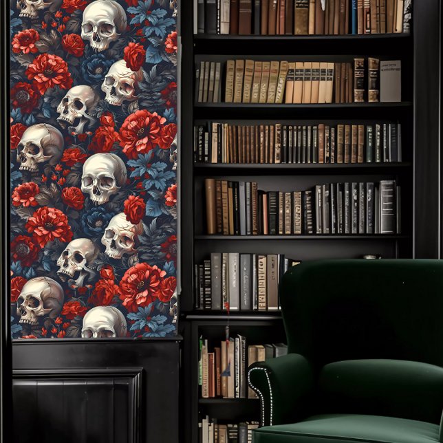 Papier Peint Crânes académiques foncés avec Crimson et fleurs b (Dark Academia Skulls with Crimson and Blue Flowers Wallpaper in a library.)