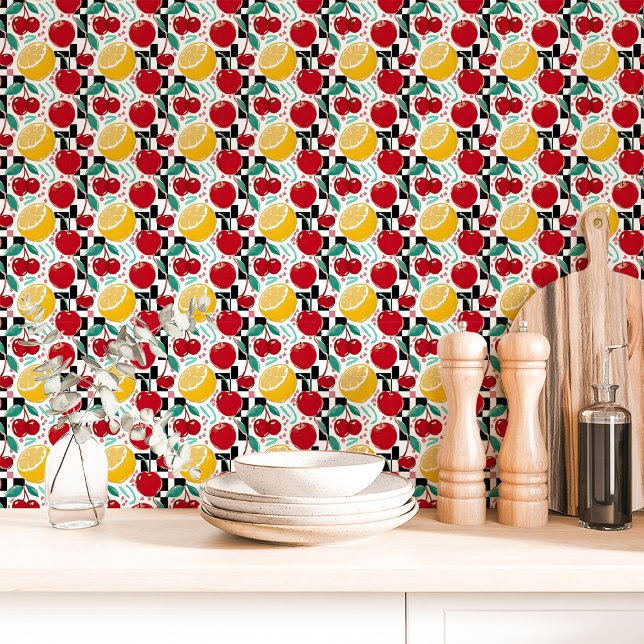 Papier Peint Cuisine à carreaux de fruits rétro (Créateur téléchargé)