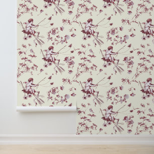 Papier Peint Cupid Angel Rouge Ivoire Floral Toile Vintage