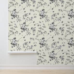 Papier Peint Cupid Angel Vintage Noir Blanc Floral Toile