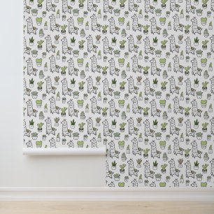 Papier Peint Cute Alpaca et Motif Cactus