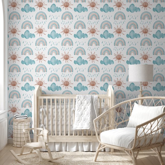 Papier Peint Cute Arc-en-ciel Soleil Nuage Beige Bleu Nursery (Enfants)