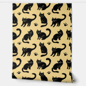 Papier Peint Cute Black Cats & Paw Prints Seamless Pattern (Déroulement)