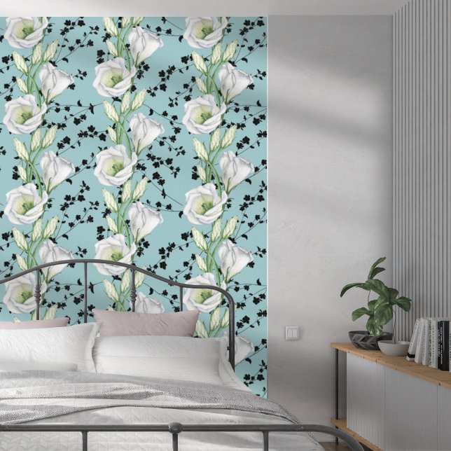 Papier Peint Cute Bleu Whimsical Noir et Blanc Patten Floral (Créateur téléchargé)