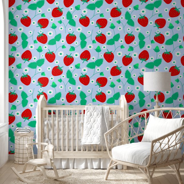 Papier Peint Cute Blue Strawberry & Daisy Motif Enfants Nursery (Enfants)