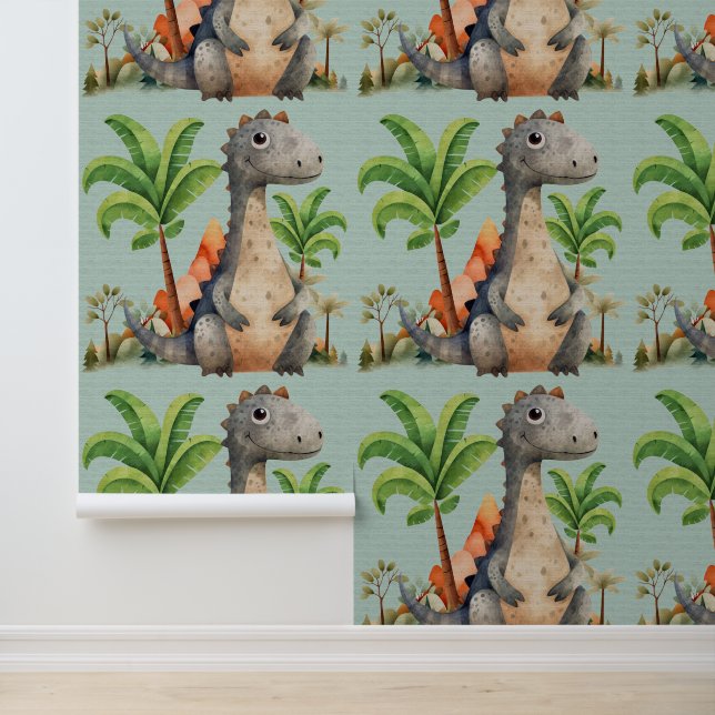 Papier Peint Cute dinosaure palmier enfants aquarelle (Application)